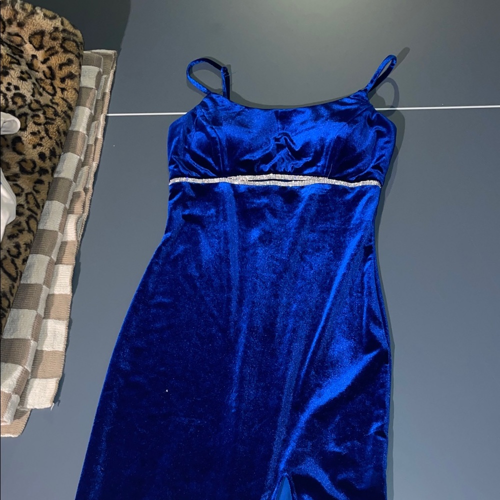 Royal Blue Velvet high slip Dress with Rhinestone Waist